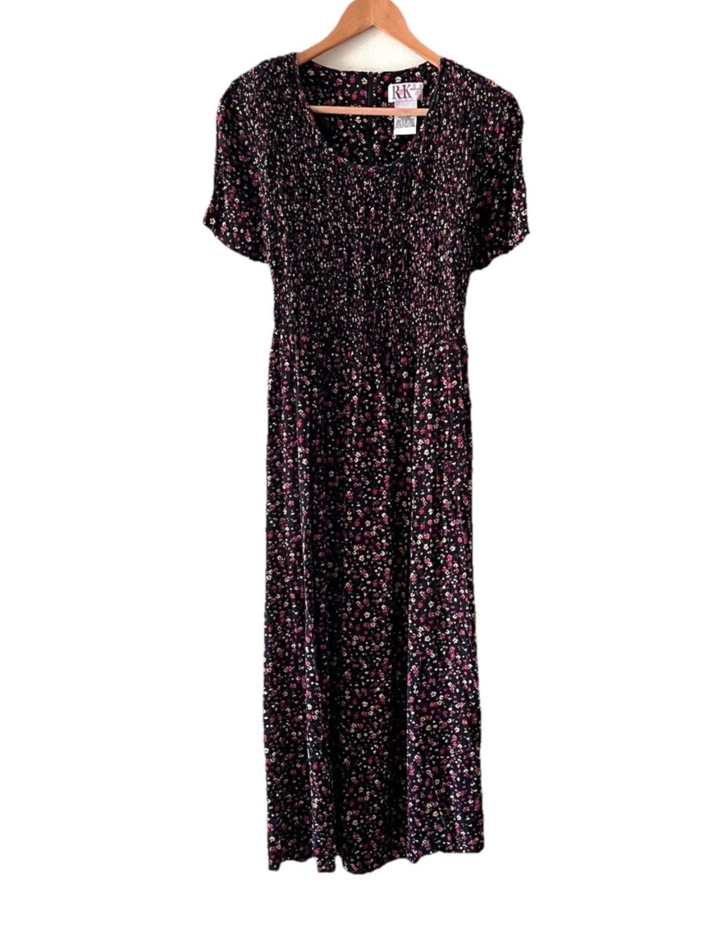 Vintage 90s Smocked Maxi Dress Size 10 Black Floral Cottagecore Prairie